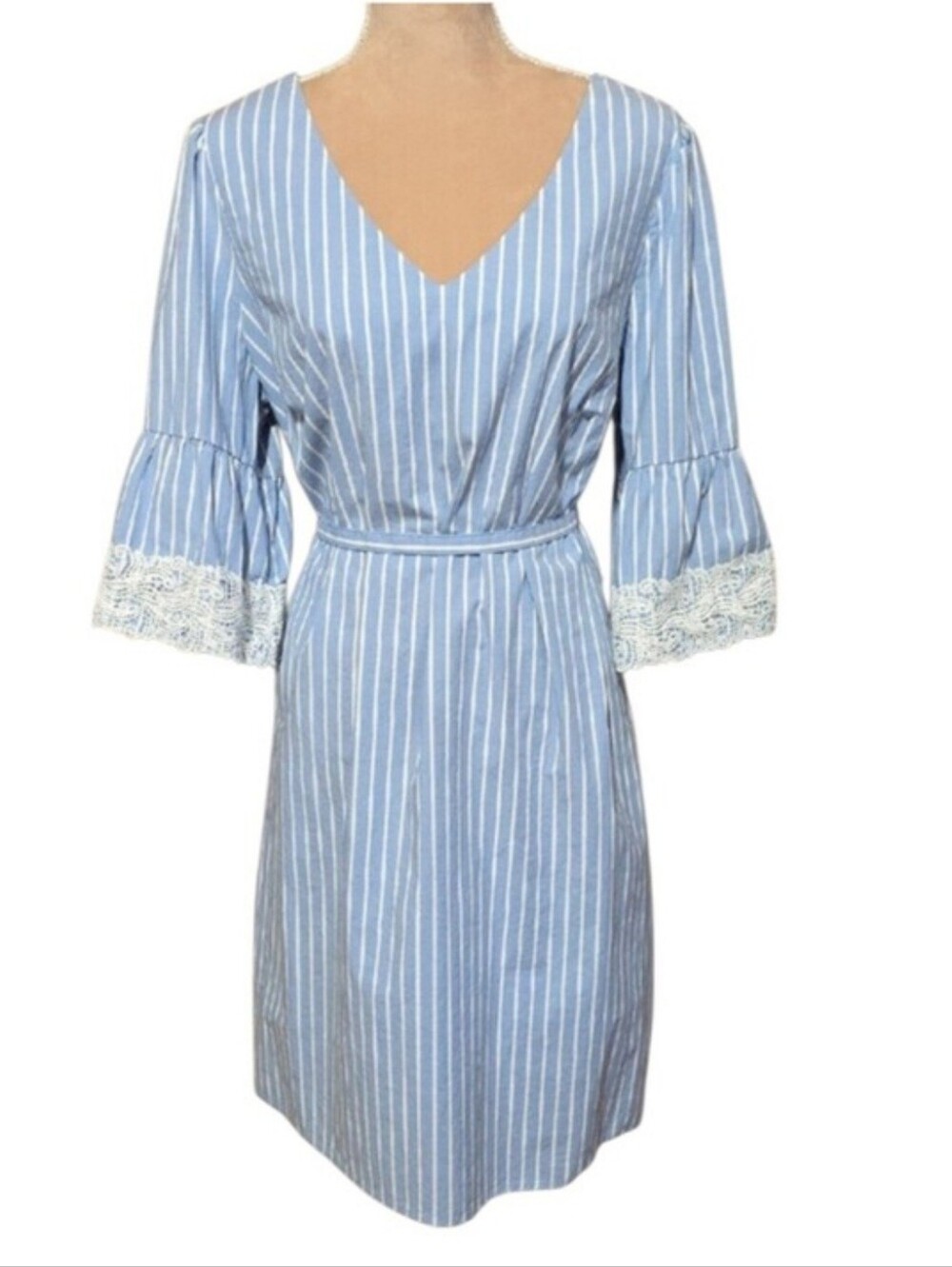Westport Blue and White Striped Lace-Trim Midi Dress - Picture 11 of 12